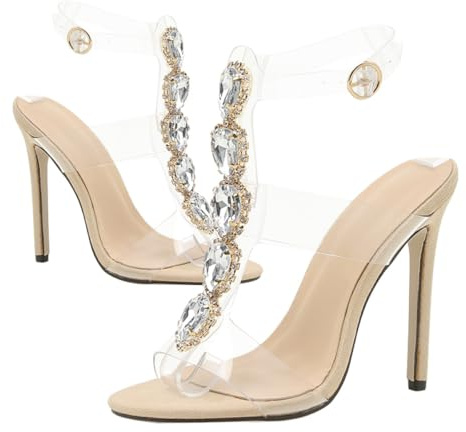 BESTonZON Sandalias de Tacón Alto Transparentes de PVC para Mujer Diseño Peep-Toe Tira una Banda Color Beige Talla 38 Zapatos de Verano Combinables y Elegantes para Ocasiones Casuales y
