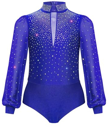 ranrann Kids Boys Sparkly Figure Skating Bodysuit Long Sleeve Latin Jazz Dance Gymnastics Leotard for Competition Royal Blue 12