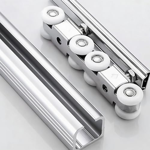 Kraftigt skjutdörrskit för ladugårdsdörr – 193 cm spårset med 8 hållbara hjul och dolda flexibla handtag – silverfinish för enkel installation och modern heminredning