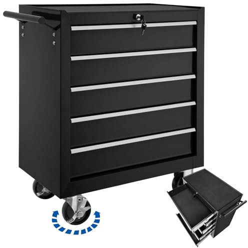 TecTake® Robust Tool Cabinet on Wheels, 5 Lockable Drawers, Anti-Slip Mats, and Parking Brakes. Made from Powder-Coated Steel, a Versatile Storage Box for Tools and Equipment - black