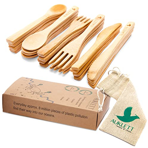 Auklett 24 Piece Reusable Bamboo Wooden Cutlery Set – 8 Knives, 8 Forks, 8 Spoons and Travel Pouch | Bamboo Camping Utensils | Strong, Ideal for Party, Catering, Wedding, Picnic, BBQ