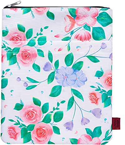 Buchhülle mit Reißverschluss aus Waschbarem Stoff – Weiße Blumenmuster Buchumschlag für Taschenbücher, 28x22 cm, Premium-Geschenk für Buchliebhaber