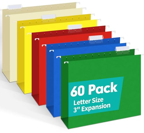 HERKKA Extra Capacity Hanging File Folders, 60 Pack Reinforced Letter Size Hanging Folders with Heavy Duty 3 Inch Expansion, Designed for Bulky Files, Medical Charts, Adjustable Tabs, Assorted Colors