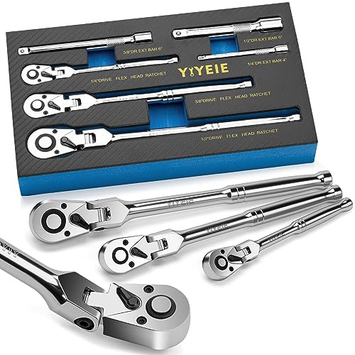 YIYEIE 6-Piece Flex Head Ratchet Set, 1/4, 3/8, 1/2 Drive, Swivel Head Ratchet Wrench with Extension Bar, 72 Tooth, 180° Adjustable, Quick-Release, Flexible Ratchet Handle with EVA Foam