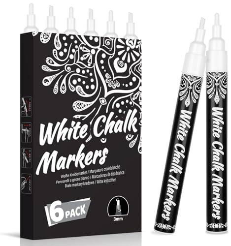 STANBLUE Weißer Kreidestifte für Tafel Abwaschbar, 6er-Pack 3mm Weißer Flüssigkreide ür Tafeln, Glasfenster, Glasplatten, Metall- Und Keramikoberflächen, Leicht Löschbar Tafelkreide