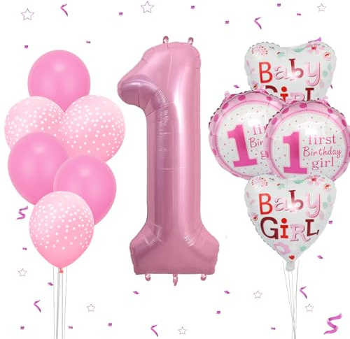 Pink Number 1 Balloon,40 Large Helium Foil Mylar Balloons with Latex Balloon for 1st Birthday Decorations,Pastel Pink Number 1 Balloons for Girls women Birthday Baby Shower Anniversary