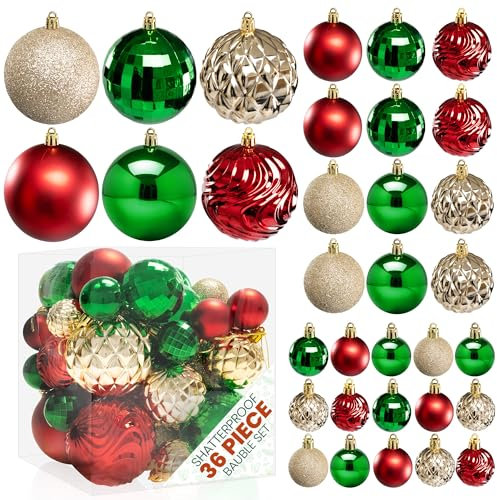 Pelle & Sol 36-Piece Christmas Decorations Bauble Set - Shatterproof Christmas Tree Decorations - Glitter, Disco Ball, Swirl Designs - Christmas Baubles in Assorted Sizes - Red, Green, Gold