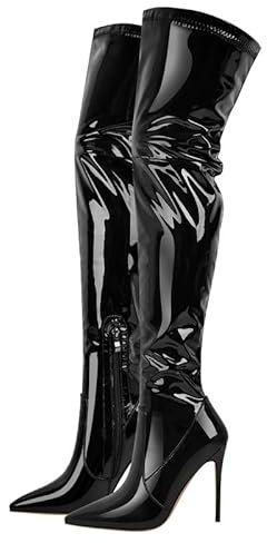 blingqueen Damen Overknees Spitze Stiefel Stiletto High Heels Thigh High Stretch Boots Lack Schwarz 39 EU