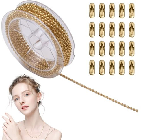 Chaine a Bille,Chainette Acier Inoxydable 5m Longueur avec 20 Connecteurs de Chaîne à Billes, 2,4 mm Diamètre pour Fabrication de Bijoux,Colliers,d'Extension Perlée Chaine,Chaîne à Rouleaux (Doré)