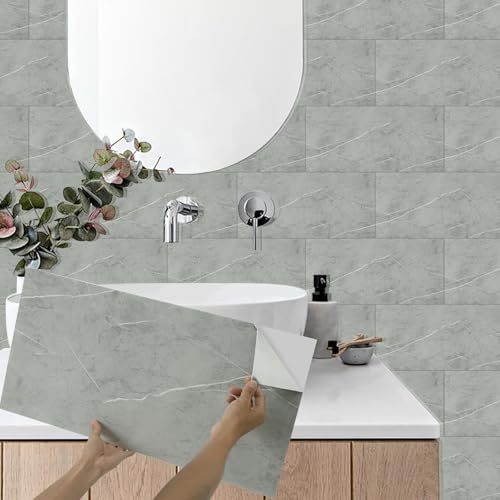 Putentfun 10 Stück Fliesenaufkleber Marmoroptik, 60 x 30 cm, Selbstklebende Fliesen, Klebefliesen für Küchenrückwand, Wandpaneele Küche Wanddeko Schlafzimmer Wohnzimmer Badezimmer (Karen Grau)