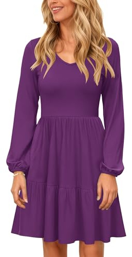 PLOKNRD Vestido de Cuello V Manga Larga de Mujer con Bolsillo Elegante Vestidos en Capas Falda Corta Casual de Otoño e Invierno Morado L
