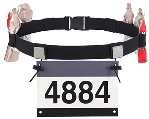 Triatlón - Banda para números de carrera para triatlón, cinturón deportivo para mujer y hombre, correa ajustable para correr con soporte para número y 6 soportes de gel (negro)