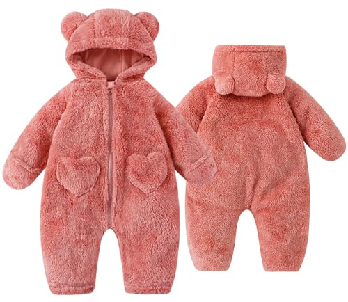 Fohuanky Newborn Baby Bear Pramsuit Warm Fleece Hooded All-in-One Snowsuit Winter Romper for Boys & Girls 0-12 Months (Pink, 3-6 Months)