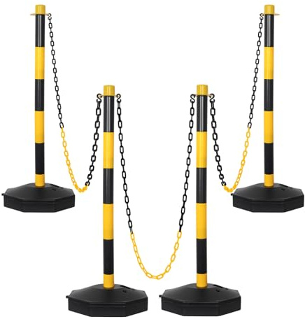 SHAREWIN 35 4 Sets Parking Delineator Stanchion with Base - Post Traffic Cone, Reflective Collar Black, Yellow - Chain Barriers for Construction, Crowd Control, Events, Road Warning