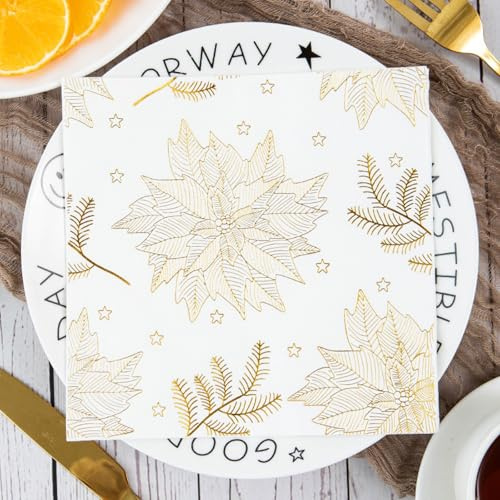 Serviettes en Papier Feuilles D'Or Serviettes de cocktail Décorations de fête,Absorbantes et pratiques - jetables pour mariage,anniversaire,apéritif,Noël,dessert5 Paquet(33x33cm)