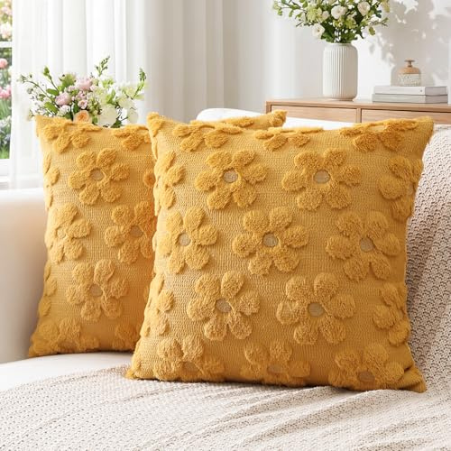 Artscope 2er Set Wolle Blumen Kissenbezüge Weicher Plüsch Kurzer Wollsamt Dekokissenbezüge Frühjahr Sommer Kissenhülle Saisonale Sofakissen für Sofa Schlafzimmer Gelb, 45x45cm