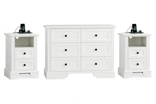 Bonnlo Vintage White 6-Drawer Chest of Drawer and Pair of Charging Bedside Tables,Bedroom Furniture Set,Silent Slide Storage Cabinet Set with Power Outlet for Bedroom Home Decor