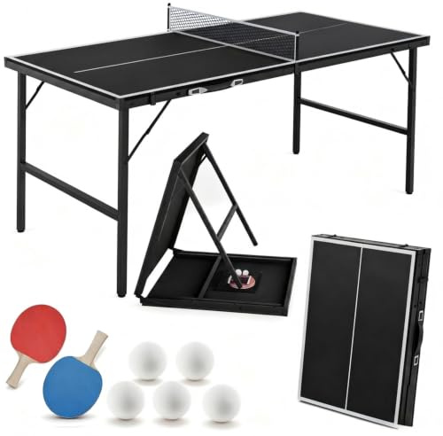 YRHome Table de tennis de table pliable - 152,5 x 76 x 71 cm - Design valise avec raquette de tennis de table - 5 balles de tennis de table et filet - Pour appartement, bureau et terrasse - Noir