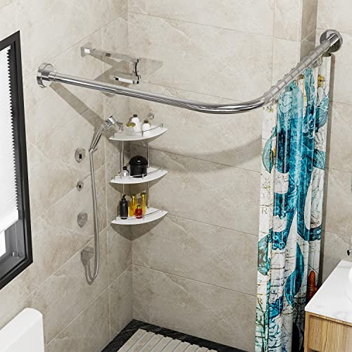 SIKAIQI Stretchable 304 Stainless L Shaped Bathroom Bathtub Corner Shower Curtain Rod Rack, Drill Free Install, for Bathroom, Clothing Store, Private space(24-53 x 24-53, Maximum size 69'')