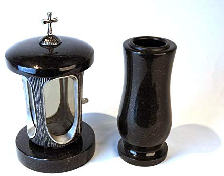 designgrab Alu Grablampe aus Aluminium in Antikoptik mit Kreuz und Grabvase in Granit Schwedisch Black