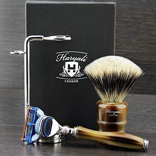 Luxury Horn Silver Tip Badger Shaving Brush and 5 Edge Cartridge Razor Stainless Steel Shaving Stand Horn Replica Resin Handles
