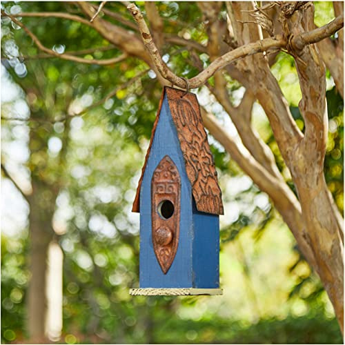 Glitzhome Bird Houses for Outside, Hanging Bird House for Outdoors, 13.25 H Retro Blue Distressed Solid Wood Pet Cottage Garden Decorative Birdhouse for Swallow Sparrow Finch Cardinals