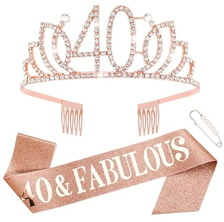 Heyu-Lotus 40.Geburtstag Schärpe und Geburtstagskrone,Rose Gold Geburtstag Schärpe Tiara Krone Zum 40ter Geburtstag Geschenke Frauen Deko