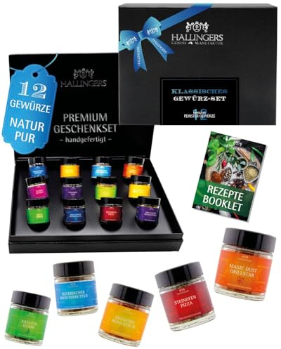 Hallingers Genuss Manufaktur Gewürze Geschenkset – 12 Premium Gewürze im Glas, edle Geschenkbox zum Kochen & Grillen, Gewürz-Set Klassiker No. 2, Geschenkidee für Männer, Geburtstag & Weihnachten