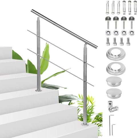 Sonnewelt Barandilla de acero inoxidable, 120cm, 2 travesaños para interior y exterior, barandilla de entrada para balcón, escalera y parapeto