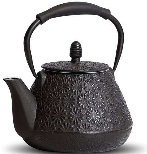 MILVBUSISS Gjutjärns Tekoppar, 950ml Japansk Körsbärsblomma Mönster Tevarm, Lämplig för Eld, Infuserare för Löst Te & Kaffe, Silikonhandtag, Emaljerad Insida, 32oz Svart