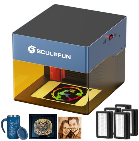 SCULPFUN iCube Pro Max 10 W lasergravyrmaskin med rökfilter och 5 filtervadd-uppsättningar, bärbara ögonskydd, lasergravyrer, laserskärare för papper trä, 10 000 mm/min hastighet