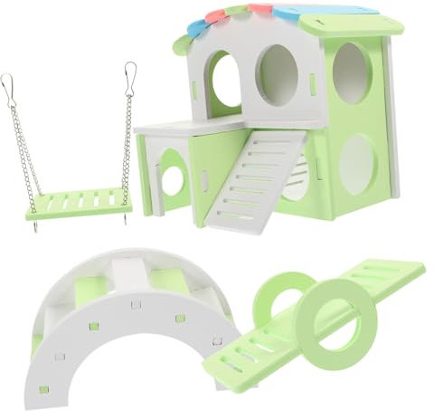 CORHAD Hamster Toy Hideout Set 4pcs Plastic Hamster House Swing, Teeter Totter, Large Arch Bridge, and Villa Maze for Small Pets Guinea Pig Accessories