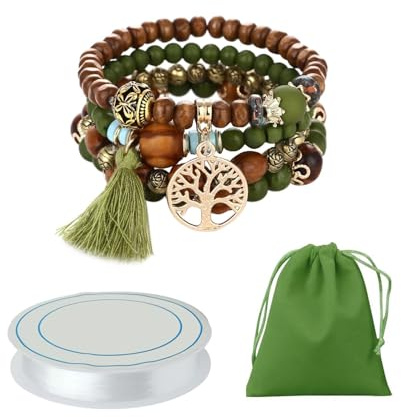 HDGSAFD Lot de 4 Bracelets en Perles de Bois, Corde à Perles, Sac de Rangement - Style Ethnique Bohème Avec Glands, Extensible - Cadeau de Bijoux