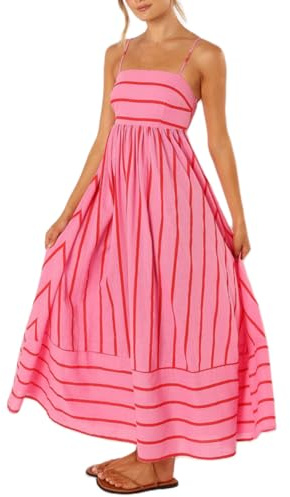 Geagodelia Women's Summer Maxi Dress Spaghetti Strap Sundress Ladies Sexy Vintage Long Dresses Casual Flowy Beach Dress Y2k Aesthetic Clothes UK (Pink Striped, L)