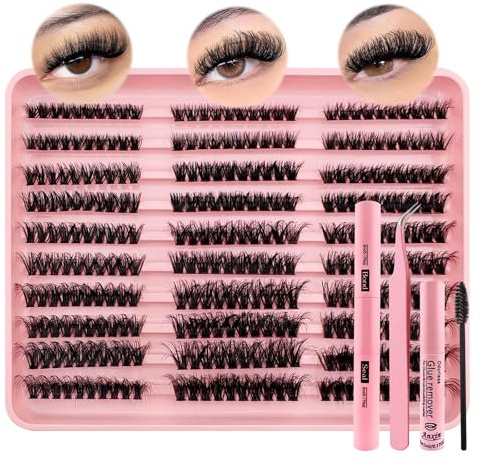 300Pcs Extensions de cils Set Cils artificiels pelucheux Cluster Lashes Extension Set Thick Lash Clusters Extensions de cils Avec Bond and Seal et Retirer les résidus de colle(680K-Kit)