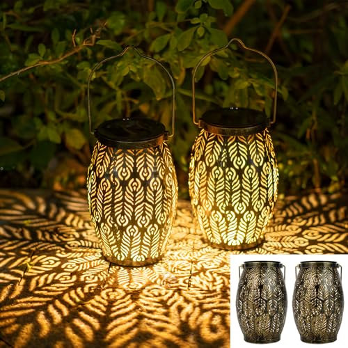JOYCREATOR LED Solarlaterne für Außen 2 Stück, Metall Solar Laternen für Draußen Hängend/ Stehend, IP65 Wasserdicht Solarlampen für Außen Garten Orientalische für Balkon Baum Camping Garten Deko