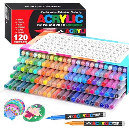 Efimeso 120 Colores Rotuladores Acrilicos, Marcadores Rotuladores Acrílicos Permanentes de Pincel Base Agua para Tela,Pintura en Piedras,Lienzo, Madera, Piedra, Cerámica, Vidrio