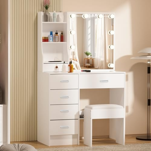 Saimeihome Sminkbord med LED-belysning spegel och pall, 3 dimbara ljusfärger | sminkbord med 6 lådor och 6 fack, 80 x 36 x 130 cm vitt toalettbord för flickor, sovrum