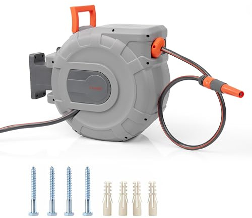 Crystals Hose Reel – Wall Mounted Hose Reels for Garden, Retractable, Auto Lock & Auto Rewind Pipe 180°, Includes Wall Fixings & Ready for Outdoor Use with Nozzle, Accessories, Grey (30m Hose Reel)