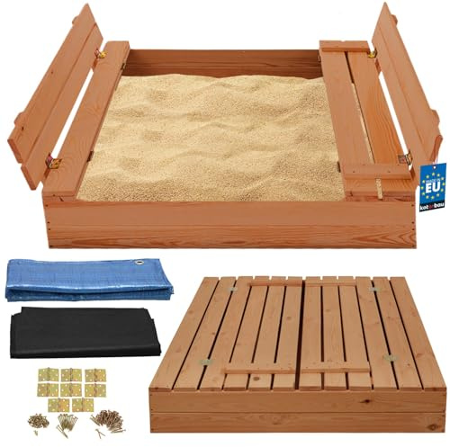 KOTARBAU® Caja de arena con cubierta, 100 x 100 cm, color marrón, gran caja de arena de madera con asiento y tapa, juguete de jardín para niños, impregnado y cierre con bancos
