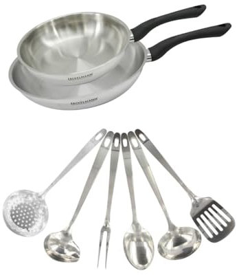 Fackelmann 9445050 Set 2 padelle 20 e 28 cm in acciaio inox 18/8, 6 utensili in acciaio inox, padella a induzione, padella senza PFAS, acciaio inossidabile 18/8, 20 e 28 cm