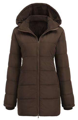 Hotouch - Abrigo de invierno largo para mujer, chaqueta acolchada con capucha, Slim Fit, chaqueta de invierno casual, resistente al viento, acolchada, S-XXL, marrón, S