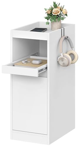 HEXCELEN Slim Bedside Table, Narrow Bedside Cabinet with Tray, Nightstand with 1 Door, Side Table with 2 Hooks, for Bedrooms, Living Rooms, Modern, White, 35 × 24 × 64 cm