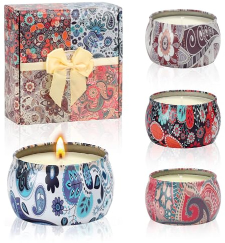 Velas Aromaticas Regalo, 4 Piezas Velas Perfumadas de Cera de Soja Natural para Aromaterapia, Decorativas para Yoga Baño Dormitorio, Regalo para Mujer Mama Amiga en Cumpleaños