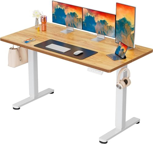 ErGear Bureau Assis Debout électrique, 140x70cm, Marron Clair | Bureau Electrique 72-118cm, 4 Mémoires, Charge 80kg, <45dB, Cadre Acier Stable, Crochets Inclus.