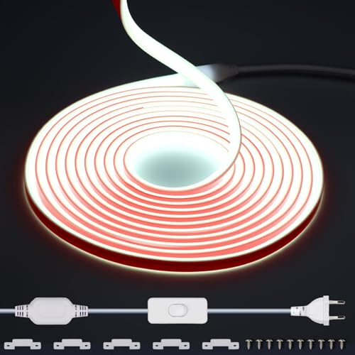 5m LED COB Alto brillo 220V, 288leds/m, tira blanca fría de 6000K sin transformador, cinta LED flexible y recortable con interruptor IP65 para decoración del hogar Iluminación, cocina, jardín, tv