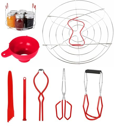 Canning Pot Water Bath Canner with Rack and Lid,7 Pieces Canning Kit,Stainless Steel Stock Pots,Jam Making Starter Kit Beginner Tools (Red)