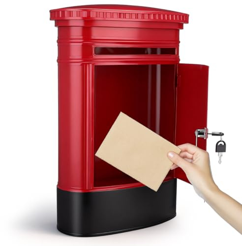 POPETPOP 1Pcs Vintage Post Box Wall Mounted: Classic Red Iron Letter Box Outdoor with Lock & Keys - Large Retro Mailbox for Garden, Porch & Farmhouse Decor (Waterproof & Rustproof)