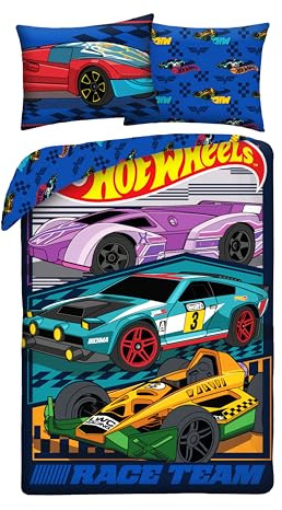 Hot Wheels 2-Piece Children's Bedding Set – Duvet Cover 140 x 200 cm & Pillowcase 70 x 90 cm – 100% Microfibre – Race Team Racing Design – Blue & Multicoloured