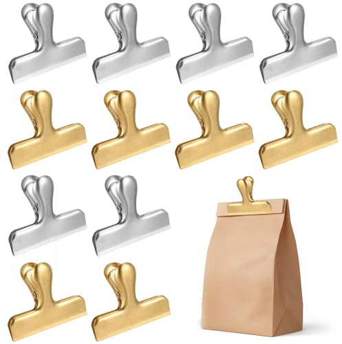 12 Pcs Pince Sachet Alimentaire, Clip Pince Fermeture Sachet Alimentaire en Acier Inoxydable pour Sacs de Congélation Snack Cuisine Bureau Maison(78 mm, 6 Dorées, 6 Argentées)
